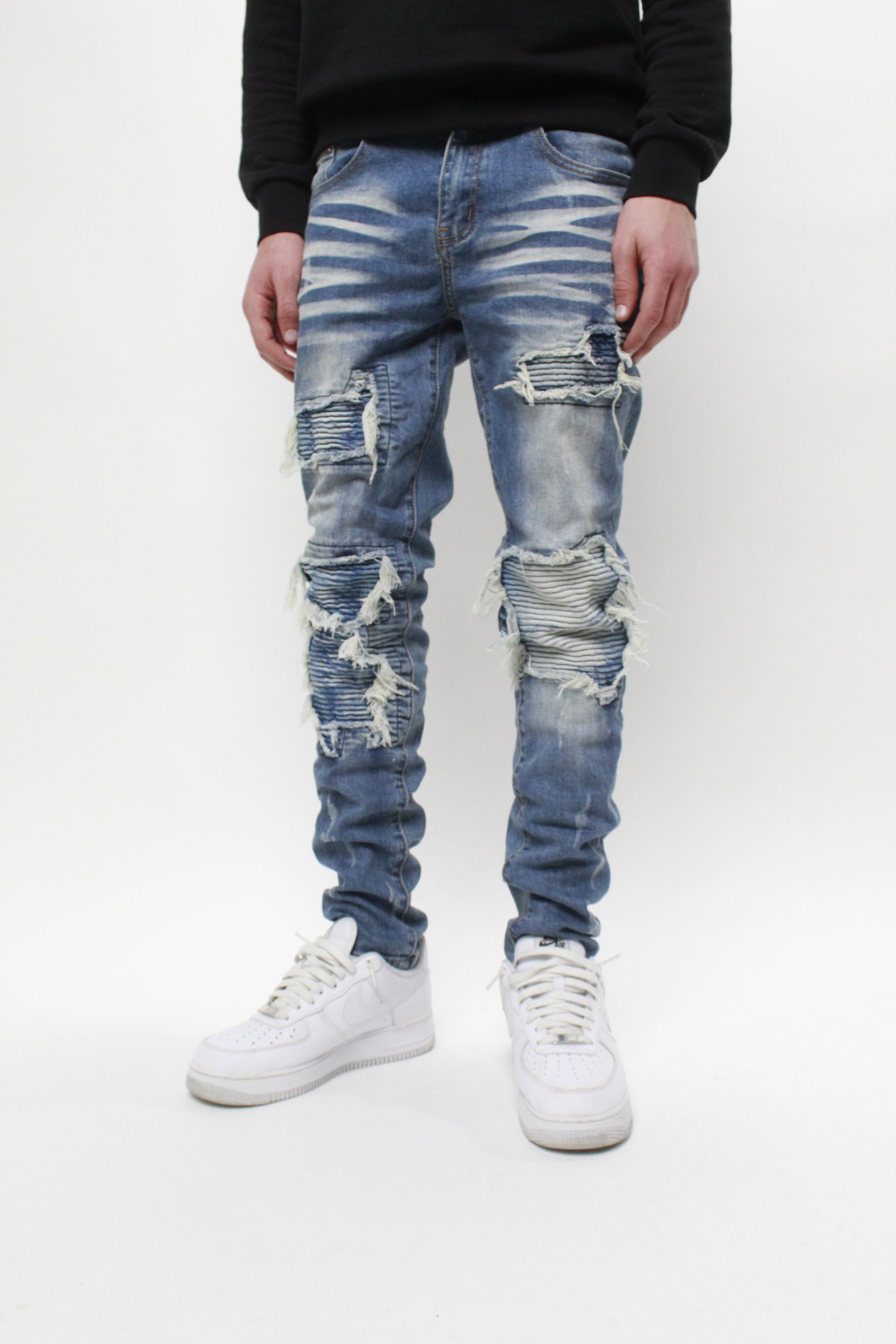 Biker patch denim store jeans